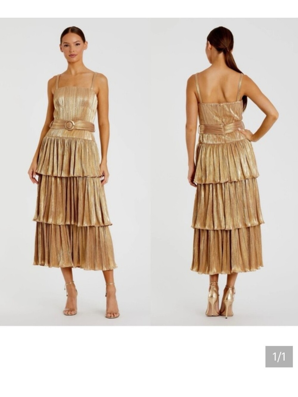 Mac Duggal Gold Tiered Metallic Maxi Dress